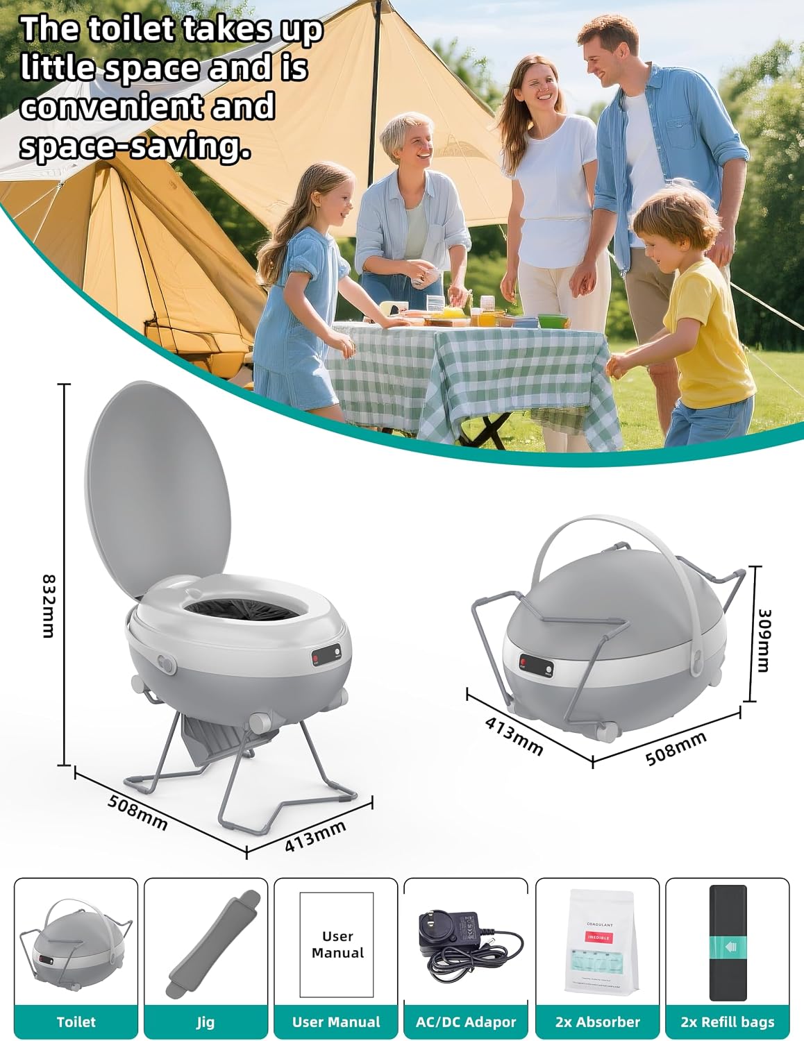 Dry Flush Toilet, Portable Waterless Self-Contained Rechargeable Toilet, Ideal for RVs, Van, Off-Grid, Tiny House, Boat