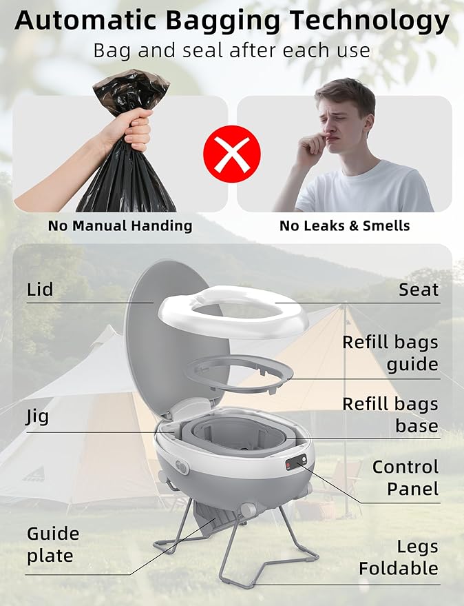 Dry Flush Toilet, Portable Waterless Self-Contained Rechargeable Toilet, Ideal for RVs, Van, Off-Grid, Tiny House, Boat